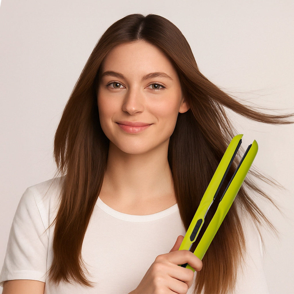 Almost Famous yellow hair flat iron in a styling lifestyle image