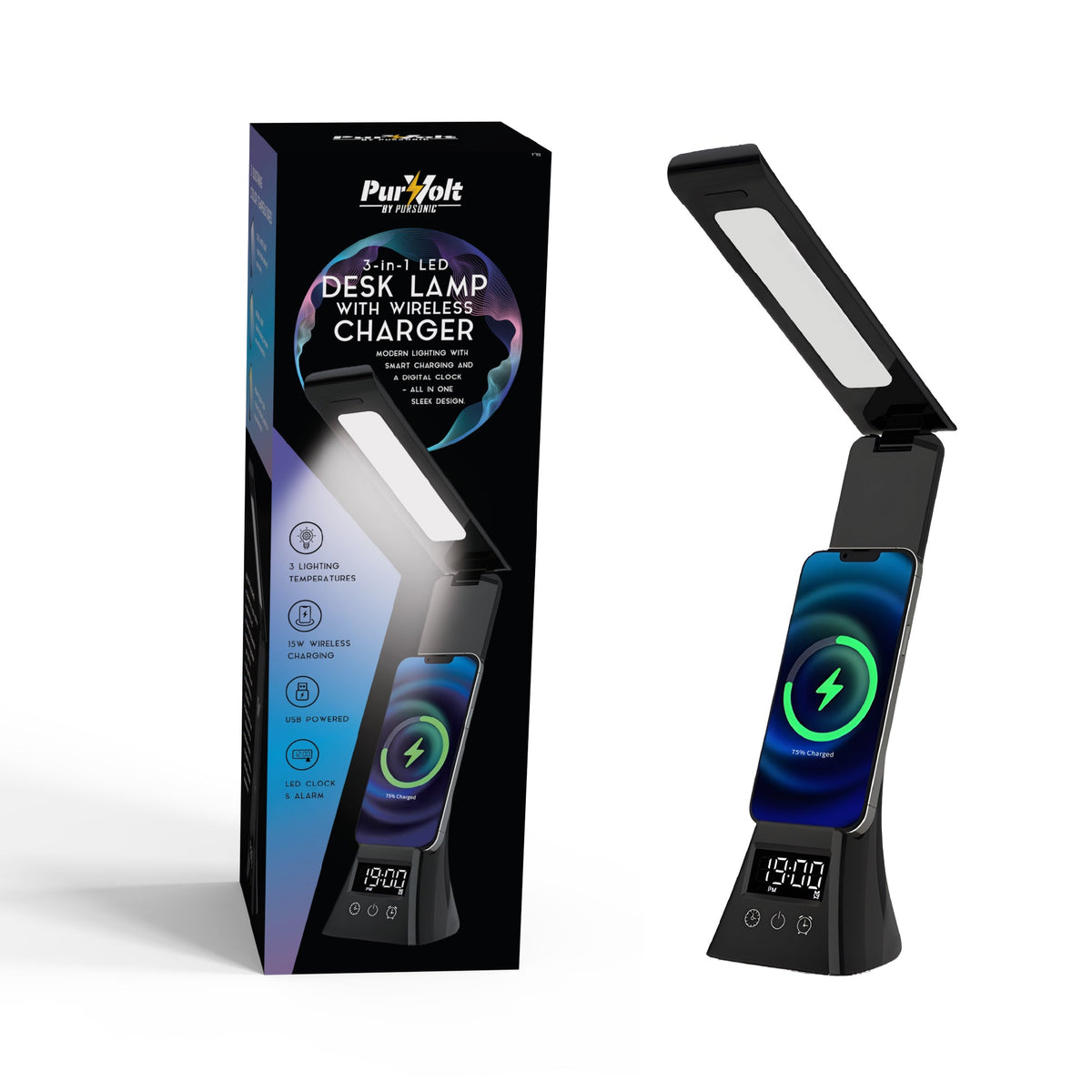 Pursonic 3-in-1 LED Desk Lamp with Wireless Charger and Alarm Clock – Sleek, Smart, and Space-Saving-0